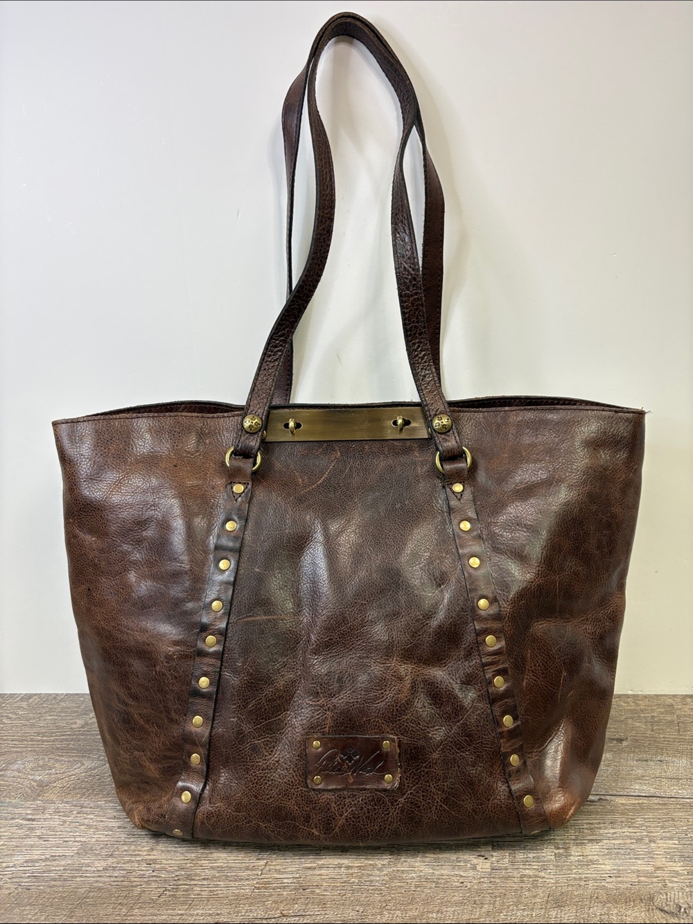 Patricia Nash Distressed Brown Leather Studded Large Tote Shoulder Bag